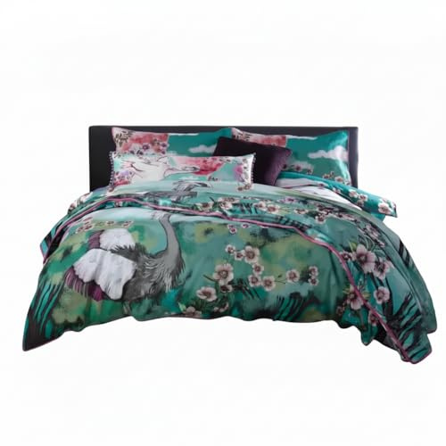 House of Norris Flight of the Heron Double Duvet Cover Set | 200 Thread Count 100% Cotton Bedding Set | Free Decorative Cushion with Pom Pom Trim | Soft Japanese-Inspired Design