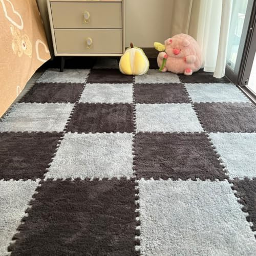 YongXinMY 12Pcs Interlocking Carpet Tiles - Plush Foam Puzzle Floor Mats Fluffy Soft Rug Squares Non Slip Cuttable Protective Flooring for Bedroom Living Room Playroom Tatami Bedside (Grey+black)
