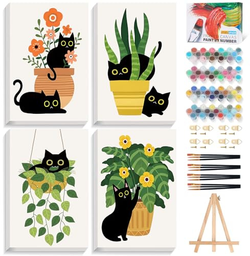 Lot de 4 kits de peinture par numéros pour adultes avec cadre chat, peinture par numéro encadrée pour adultes débutants avec chevalet en bois, plante verte, peinture par numéros sur toile encadrée