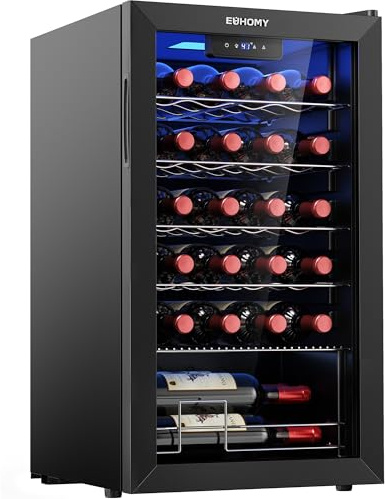 EUHOMY 25 bottle Wine Cooler Refrigerator, Freestanding Compressor Wine Fridge with Adjustable Temperature and Digital Control, Mini Fridge with Glass Door for Red White Wine, Beer, Black