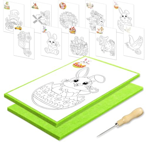 JSRQT Punteruolo per Bambini Pasqua, Kit Completo di Aghi per Bambini Carta, Coniglietto Uova Kit e Feltro, Punteruolo per Legno Tappetino Punteruoli, con 2 Aghi 2 Base In Feltro 10 Immagini da Ricamo