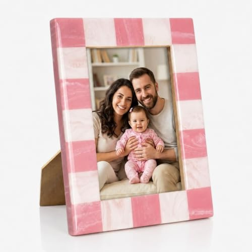 Folkulture Bilderrahmen 5 x 7 Zoll - Kunstharz kariert in Rosa & Weiß | Familien Photo Frame für das Wohnzimmer – für Hoch- und Querformat, Wand- und Wohndekoration, herbst deko tisch