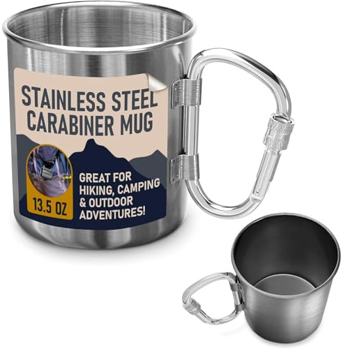 ZOKLU 13.5 Oz Stainless Steel Camping Cup with Carabiner Handle, Clip-On | Metal Camping Mug, Lightweight Hiking Drinkware, Dishwasher Safe, Backpacking Cup for Coffee, Tea, Cocoa; Festivals, Bonfires
