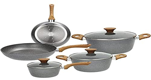 Tognana Stone&Wood, Batteria di pentole e padelle, Set con 2 padelle, 3 casseruole, 3 coperchi trasparenti, 8 Pezzi, Alluminio, Grigio