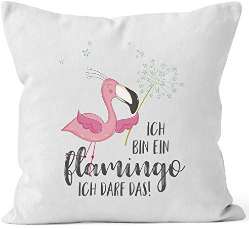 MoonWorks Kissen-Bezug Flamingo Ich Bin EIN Flamingo ich darf das Spruch Pusteblume Kissen-Hülle Deko-Kissen Baumwolle weiß-grau Unisize