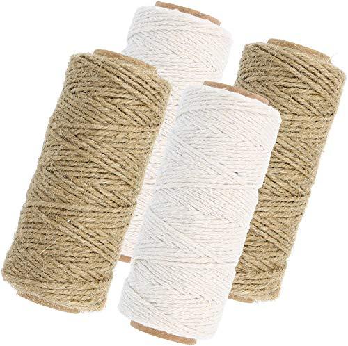 COM-FOUR® 4 Piezas Juego con Banda de Yute y cordón de algodón - Cordón de Yute para Embalaje y decoración - Cordón como Cadena de Paquete (004 Piezas - Cinta Adhesiva)