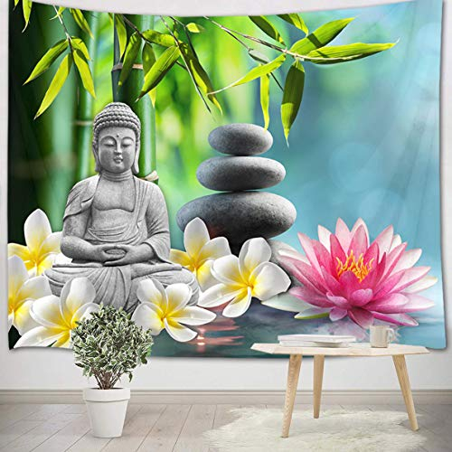 LB Zen Tapisserie Murales Tenture Tapisserie Lotus Rose,Orchidée Blanche,Bambou Vert Tapisserie pour Salon Chambre Dortoir Murale Décoration,200cm Large x 150cm Hauteur