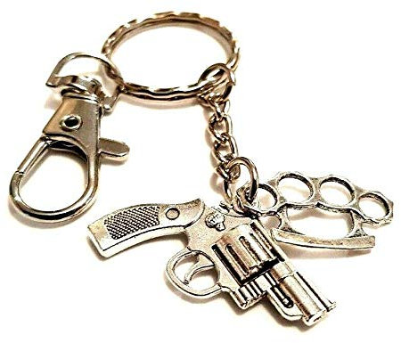 Miniature Replica Gun & Knuckle Duster Keyring Bag Charm Keychain Gangsta' Gangster Gift Valentine's Day Birthday Gift in a Velvet Gift Bag