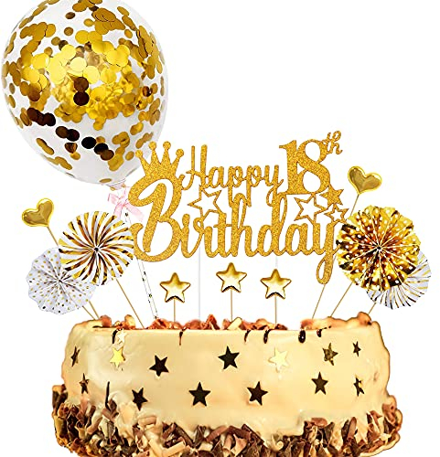 ENYACOS Cake Topper Happy Birthday 18, Glitzer Tortendeko Geburtstag, Kuchendeko Jungen, Gold Herzen Deko (18 Gold)