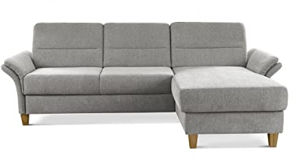 CAVADORE Ecksofa Wyk mit Federkern / Eckcouch im Landhaus-Stil mit Longchair und Holzfüßen / 252 x 90 x 162 / Chenille, Hellgrau