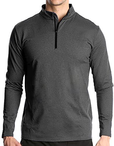 Men's 1/4 Zip Sports Long Sleeve T Shirt Casual Golf Running Quick-Dry Polo Shirts Outdoor Warm Hiking Fishing Sweatshirt Breathable Darkgrey L