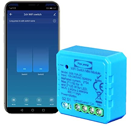 Yueyang Interruptor inteligente diy WiFi Light Switch 2 Gang 1/2 Way Module Life/Tuya App Mini módulo para luz, compatible con Alexa y Google Home 220v (ys082c)