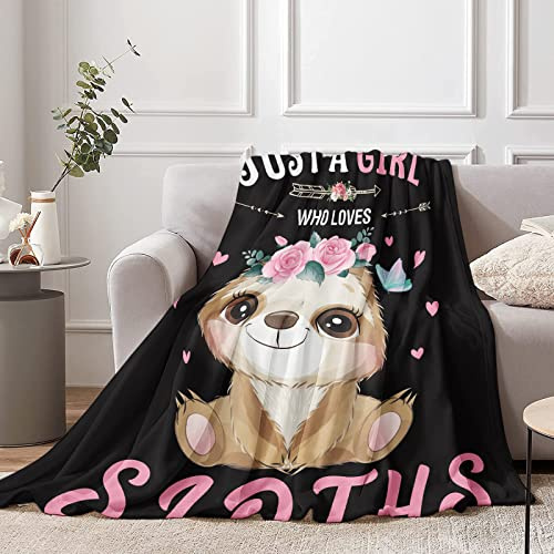 Just A Girl Who Loves Sloths Blanket for Girls, Soft Cozy Black and Pink Sloth Fluffy Flannel Blanket Gift for Kids, 130 x 150 cm Warm Sloth Flower Plush Fleece Blanket for Teen Sofa Bed Couch Bedroom