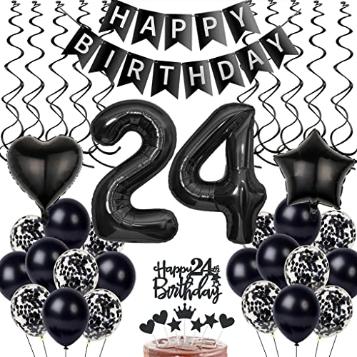 Schwarz 24. Geburtstag Dekoration, Luftballon 24. Geburtstag Deko, Schwarz Tortendeko 24 Jahre Mann, Deko 24. Manner Frau, Deko 24. Ballons