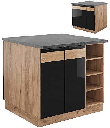 Vicco Kücheninsel Fame-Line, Schwarz-Eiche Hochglanz/Goldkraft Eiche, 90 cm ohne Arbeitsplatte