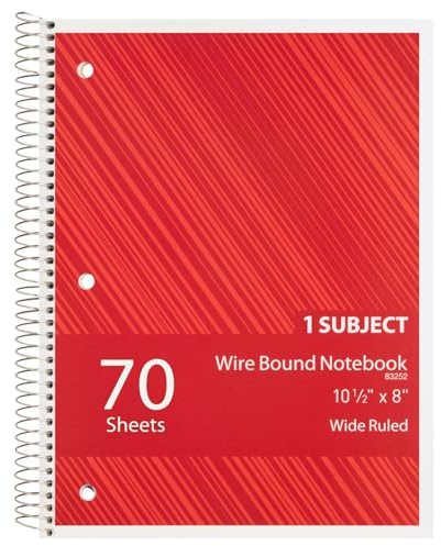 1InTheOffice Spiral Notebook Wide Ruled 10.5 x 7.5, 1-Subject Wide Ruled Notebooks, Wirebound Spiral Notebooks, 3-Hole Punched, 70 Sheets, Assorted Colors, 1 Pack