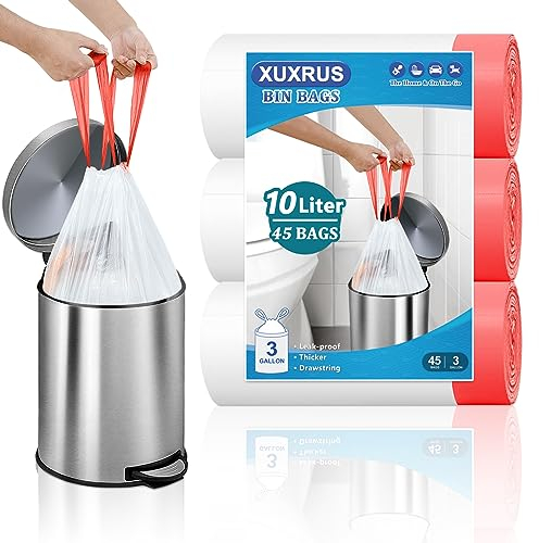 XUXRUS 10L Drawstring Bin Liners - 45 Strong White Trash Bags with Tie Handles for Bathroom, Kitchen, Office, and Bedroom Pedal Bins