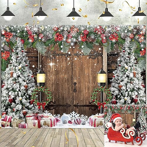 Winter-Weihnachts-Hintergrund, rustikale Scheune, Holztür, Weihnachten, Fotografie-Hintergrund, Weihnachtsbaum, Schnee, Geschenk, Kinder, Erwachsene, Familie, Urlaub, Party, Dekoration, Zubehör,