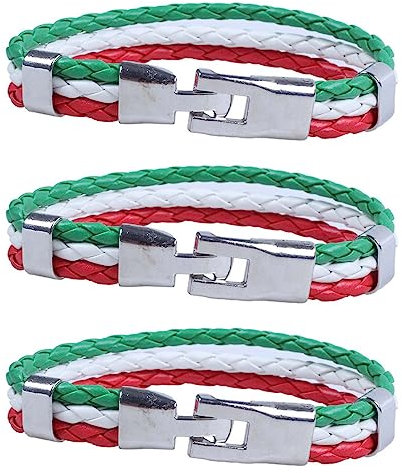 3X Jewelry Bracelet, Italian Flag Bangle, Leather Alloy, for Men's Women, Green White Red (Width 14 mm, Length 21.5 cm)