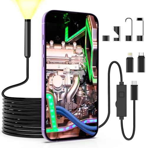 BNEHHOV Endoscopio per Smartphone, 1920P Telecamera Endoscopica di Ispezione con 8 Luci LED, Impermeabile IP67 Cavo Semirigido da 5M per Android, iOS, iPhone, iPad, Tablet