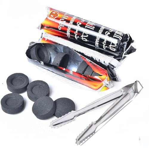 VOVCIG Holzkohletabletten Set Ø 33mm mit Zange Räucherkohle Schnellzünder Rollen 20 Stück (2 Rolle)