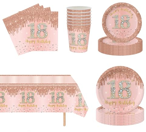 YaYaFunFun 69pcs Rose Gold 18th Birthday Party Tableware Set with 32P Paper Plates, 20P Napkins, 1P 18th Table Cloth, 16P Paper Cups for Women's Birthday Party Decorations