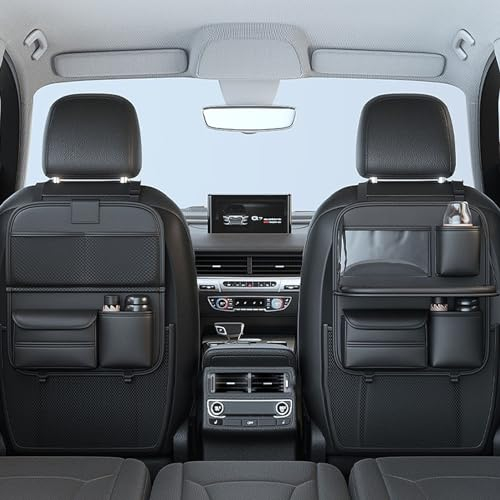 GUEETRYI Back Seat Car Organizer with Tray,Foldable Car Table for Backseat Headrest with Big Pockets Waterproof Leather Black