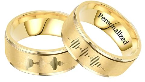 Ihanskio Personalisierte Ring Für Paar Welle Streifen Muster Ringe Innen Können Eingraviert Versprechen Hochzeit Engagement Ringel (Gold-Soundwave, Custom)