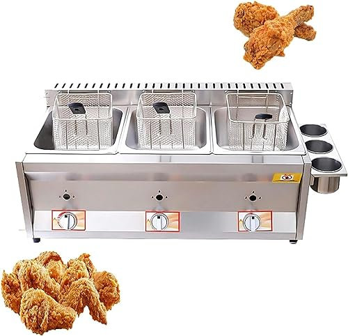 Freidora De Gas Freidora De Gas Comercial 20L/30L Encimera De Acero Inoxidable Freidora De Cocina Tapa De Cestas Extraíbles, Para Papas Fritas Pavo Cocina Restaurante Freidora De Gas