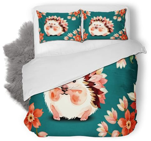 Igelmotiv Bettwäsche Set 135x200 cm Weich Mikrofaser Cute Kawaii Bettwäsche-Set mit Reißverschluss 3 Teilig Bettbezug Set mit 2 Kissenbezug 80x80 cm