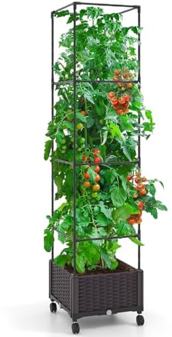 RELAX4LIFE Rankhilfe mit Blumenkasten auf Rollen, Rankturm mit 4 Verstellbarer Höhe, Rankobelisk Beschichtetes Metall & PP, Pflanzkasten mit Gartenspalier für Kletterpflanzen Blumen