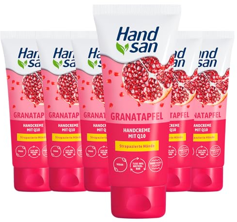 Handsan Granatapfel Handcreme mit Q10 6 x 90 ml, wertvoller Feuchtigkeitsspender für geschmeidige und regenerierte Hände, vegan