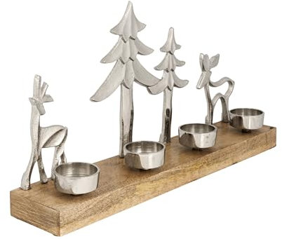 EGLO LIVING Teelichthalter mit Deko Rentieren Baliguian, Weihnachtsdeko Fensterbank Wohnzimmer, Tischdeko Weihnachten Hirsch Weihnachtsbaum, Holz und Metall in Silber, 38 x 20 cm