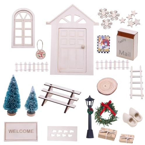 hifrom Wichteltür Zubehör Wichtelzubehör Weihnachten Set, Miniatur Wichtel Set, Weihnachtswichtel Wichtel Tür, Zäun, Kranz, Miniatur Briefkästen, Feentür Set für Geschenke (A)