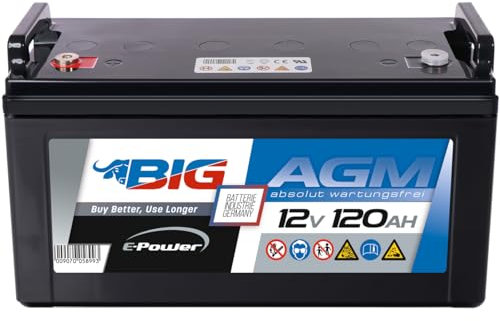 BIG E-Power AGM Versorgerbatterie 12V 120Ah: Ideal für Wohnmobil, Caravan, Photovoltaik, Inselanlagen, Solaranlagen, Camping, Marine, Gartenhütte, Unabhängige Stromversorgung, Windkraftanlagen