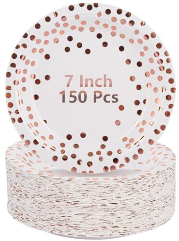 SHUESS 150 platos de papel blanco y dorado, platos de papel blanco de 7 pulgadas redondos con puntos de lámina dorada, vajilla desechable para fiesta, cumpleaños, festival, baby shower, graduación