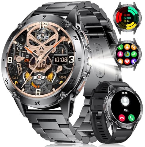 Montre Connectée Homme avec Lampe de Poche LED pour Android iOS, Smartwatch Appel Bluetooth 1,43 AMOLED Rond, 530 mAh Noir Acier, 100+ Sport Santé Moniteur