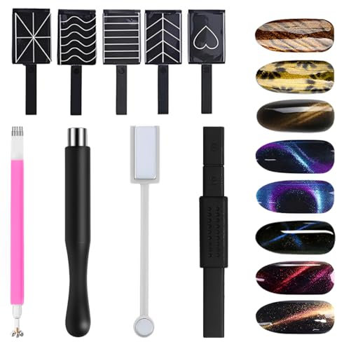 IKOPFLN 9 Pezzi Set Magnete Bastone per Unghie, Penna Magnetica Cat Eye, Effetto 3D Occhio del Gatto, Strumento Nail Art DIY con Gel UV o Smalto
