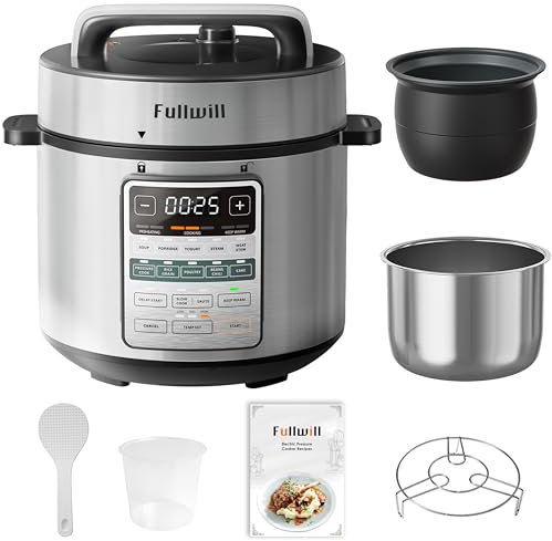 Fullwill - Olla eléctrica a presión de 6 cuartos de galón, olla multifunción 12 en 1 con ollas de acero inoxidable y cerámica 304, cocción a presión, sopa, gachas, yogur, guiso de carne, arroz, aves