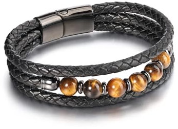 Jovivi Cadeau pour Papa Bracelet 8mm Oeil de Tigre Pierre Précieuse Cuir Réglable avec Boucle Magnétique Porte Bonheur Protection Bijoux Homme Anniversaire BFF Valentine Fête de Père
