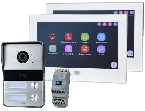 DSE Dual Family IP Video Door Phone Kit with 2 Internal Button/2 Door Opener, 2 7 Inch Touchscreen Monitor and Power Supply. Connecting 2 wires plug&play. Remote control with Tuya app. DMC-P2M7