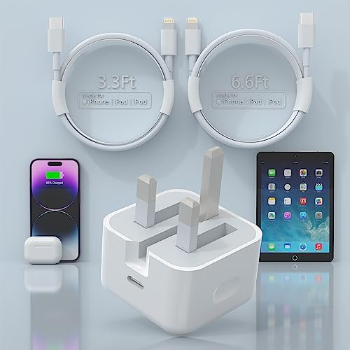 iPhone Fast Charger [Apple MFi Certified], 20W USB C Fast Charger Plug with 1M+2M(2 Pack) USB C To Lightning Cable for iPhone 14/13/12/11 Pro/Pro Max/XS Max/XS/XR/X/SE/8 iPad and More - White