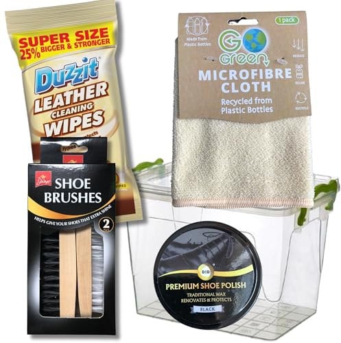 Kyeltri Shoe Cleaning Kit Bundle with 50ml Black Shoe Polish, Leather Cleaning Wipes, x2 Brushes, Microfibre Cleaning Cloth and Storage Box