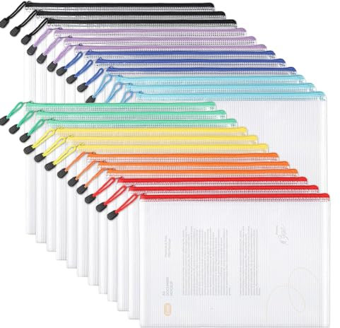 SOBINKING A4 Plastic Zip Wallets, 24PCS A4 Mesh Plastic Wallets Folders Zip Lock Bags for School Office Travel Storage, 8 Colour