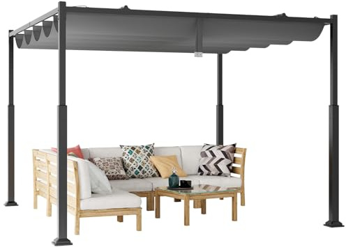 GOPLUS Pergola mit einziehbarem Baldachin, 3,1 x 3,1 m großer Grillpavillon mit Sonnendach, moderner Terrassenunterstand mit Flacher Oberseite & Erdspießen für Hof, Terrasse, Garten, Veranda, Grau
