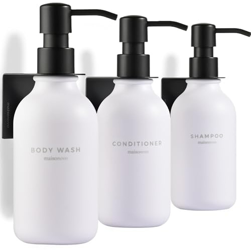 MaisoNovo Shampoo and Conditioner Dispenser - Shower Dispenser Wall Mounted | 500 ml Shower Gel Dispenser Set of 3. Refillable Shampoo and Conditioner Bottles. Drill Free Secure Design. White Black