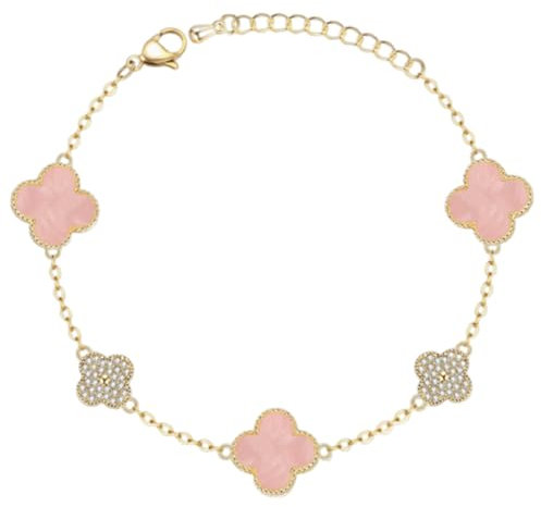 AOWVUTS Vierblättriges Kleeblatt Armband 14K Vergoldet Kleeblatt Armband mit Cubic Zirkonia Verstellbare Stapelbare Glücksarmband Gold Schmuck Geschenk für Damen Frauen Mädche (Rosa)