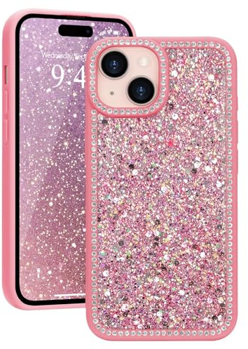 Ethanger Coque pour iPhone 15 Glitter, Brillant Paillettes avec Cristal de Luxe Brillant Diamants Coque pour Femme Fille, Housse Bumper Silicone Protection Antichoc Cover, Rose Rouge