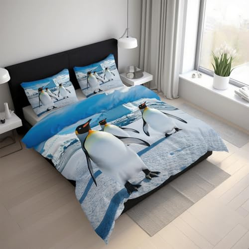 Generisch Pinguin Bettwäsche 135x200cm, Antarktis Tier Bettwäsche-Sets 2 Teilig, Bettbezug + 1 Kissenbezüge 80x80cm Weich Mikrofaser mit Reißverschluss 21D&-53