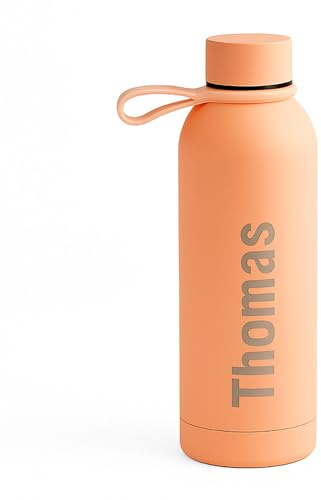 Engraved Personalised Water Bottle 500ml, Peach, Vacuum Flask | Custom-engraved insulated stainless steel body with sipper cap, keeps drinks hot 12hr and cold 24hr, ideal for gym, travel.